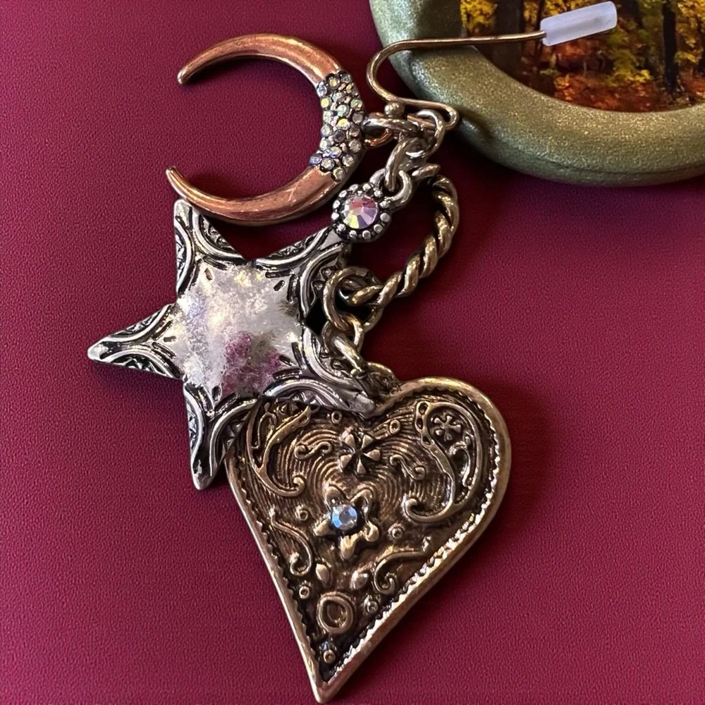 Boho Silver, Copper, and Bronze Toned Star and Heart Earrings Celestial Witchy
